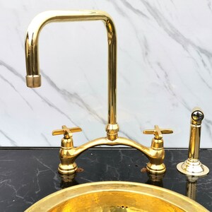 Unlacquered Solid Brass Bridge Kitchen Faucet with Sprayer