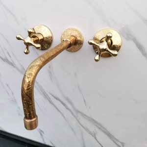 Unlacquered Brass Wall Mounted Faucet For Bathroom, Engraved Bathroom Faucets With Simple Cross Handles
