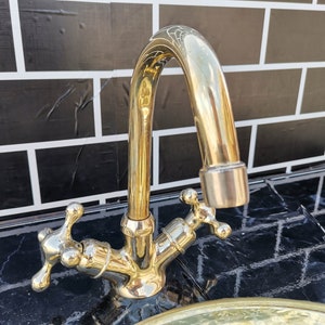 Unlacquered Brass Sink Faucet With Aerator, Solid Brass Bathroom Faucet, Handcrafted Moroccan Faucet With Vintage Handles