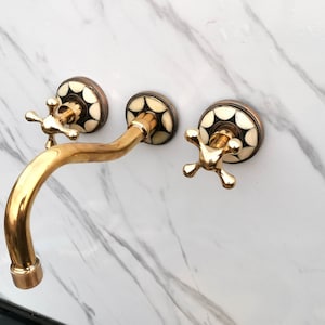 Unlacquered Brass Wall Mount Resin Bones Conception Bathroom Vanity Faucet With Simple Cross Handles
