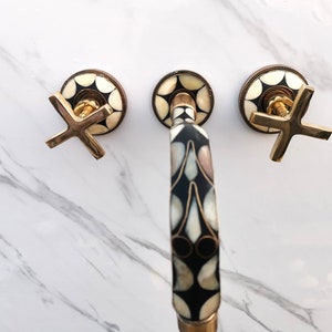 Unlacquered Brass Wall Mounted Faucet For Bathroom, Resin  Bones Conception Bathroom Faucets With Flat Cross Handles