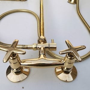 Handmade Solid Brass Outdoor Shower System: Antique Round Head, Handheld Combo