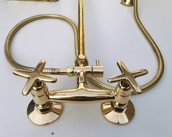 Unlacquered Exposed Solid Brass Outdoor Shower System | Combo Handheld Shower System | Round Brass Shower Head
