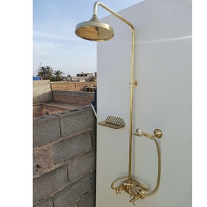 Unlacquered Brass Outdoor Shower System With Handheld & Round Shower Head | Engraved Antique Polished Brass Exposed Shower Head