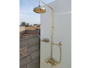 Unlacquered Brass Outdoor Shower System With Handheld & Round Shower Head | Engraved Antique Polished Brass Exposed Shower Head