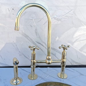 8&quot; Unlacquered Brass Bridge Kitchen Faucet With Sprayer | Center Ball Solid Brass Antique Kitchen Faucet