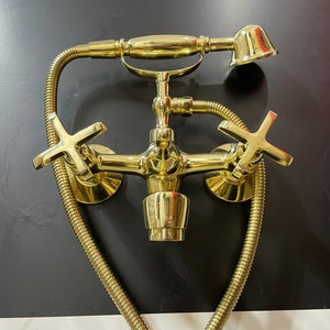 Handmade Unlacquered Brass Bathtub Faucet with Handheld Shower