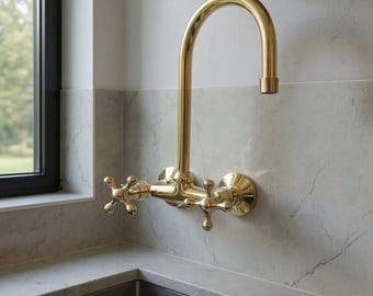 Unlacquered Brass Kitchen Faucet: Wall Mount Antique Style