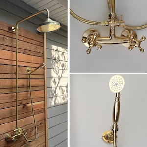 Unlacquered Outdoor Brass Shower System Simple Cross Handles | Antique Brass Exposed Shower System With Handheld And Rainfall Shower Head