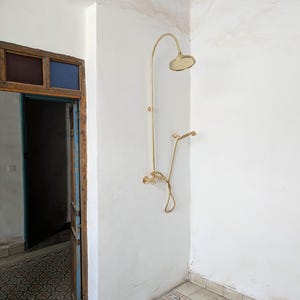 Unlacuqered Brass Shower System With Hot and Cold Water | Outdoor Exposed Pipe Handheld Shower And Vintage Brass Rainfall Shower Head