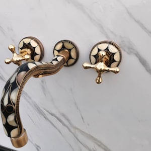 Unlacquered Brass Wall Mounted Faucet For Bathroom, Resin  Bones Conception Bathroom Faucets With Simple Cross Handles