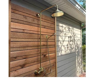 Outdoor unlaquered brass shower system With Hot And Cold Water | Exposed Pipe Handheld Shower & Vintage Antique Brass Rain Shower Head