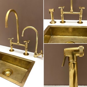 Unlacquered Brass Kitchen Faucet Set For Farmhouse Sink | Solid Brass 8&quot; Bridge Faucet With Straight Legs and Traditional handles