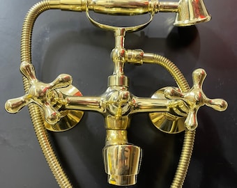 Unlacquered Brass Bath Tub Filler With Handheld Outdoor Shower System | Vintage Bathroom Vanity Bathtub Filler Tap