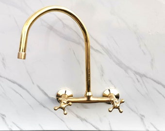 Unlacquered Brass Kitchen Sink Faucet | Wall Mount Kitchen Faucets | Gold Kitchen Tap With Simple Cross Handles