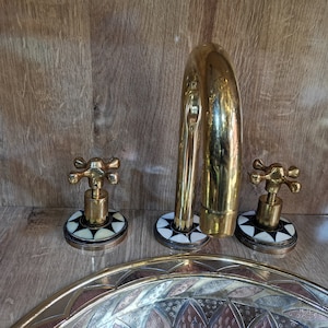 Unlacquered Brass Bathroom Faucet: 3-Hole Gooseneck, Handmade Moroccan