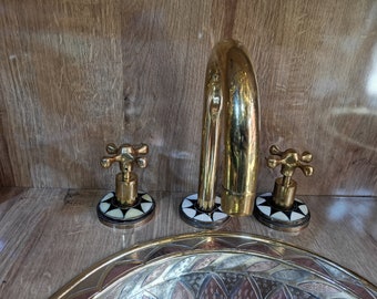 Unlacquered Brass Bathroom Faucet: 3-Hole Gooseneck, Handmade Moroccan
