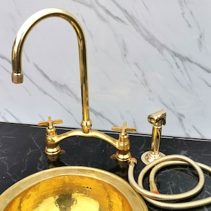 Unlacquered Brass Kitchen Bridge Faucet Victorian Style With Sprayer