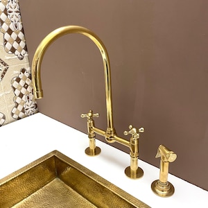 Unlacquered Brass Kitchen Faucet | Solid Brass Center Ball Bridge Brass Sink Faucet | Handmade Antique Brass Kitchen Faucet