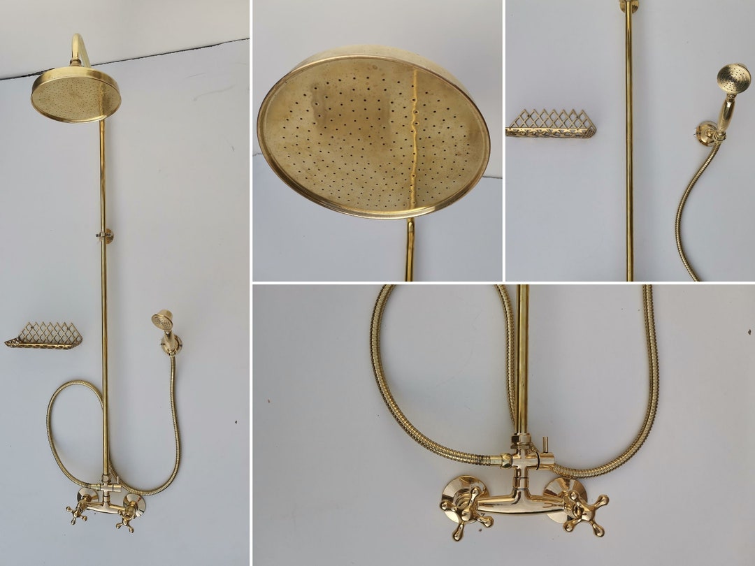 Unlacquered Brass Shower System With Handheld & Round Shower Head