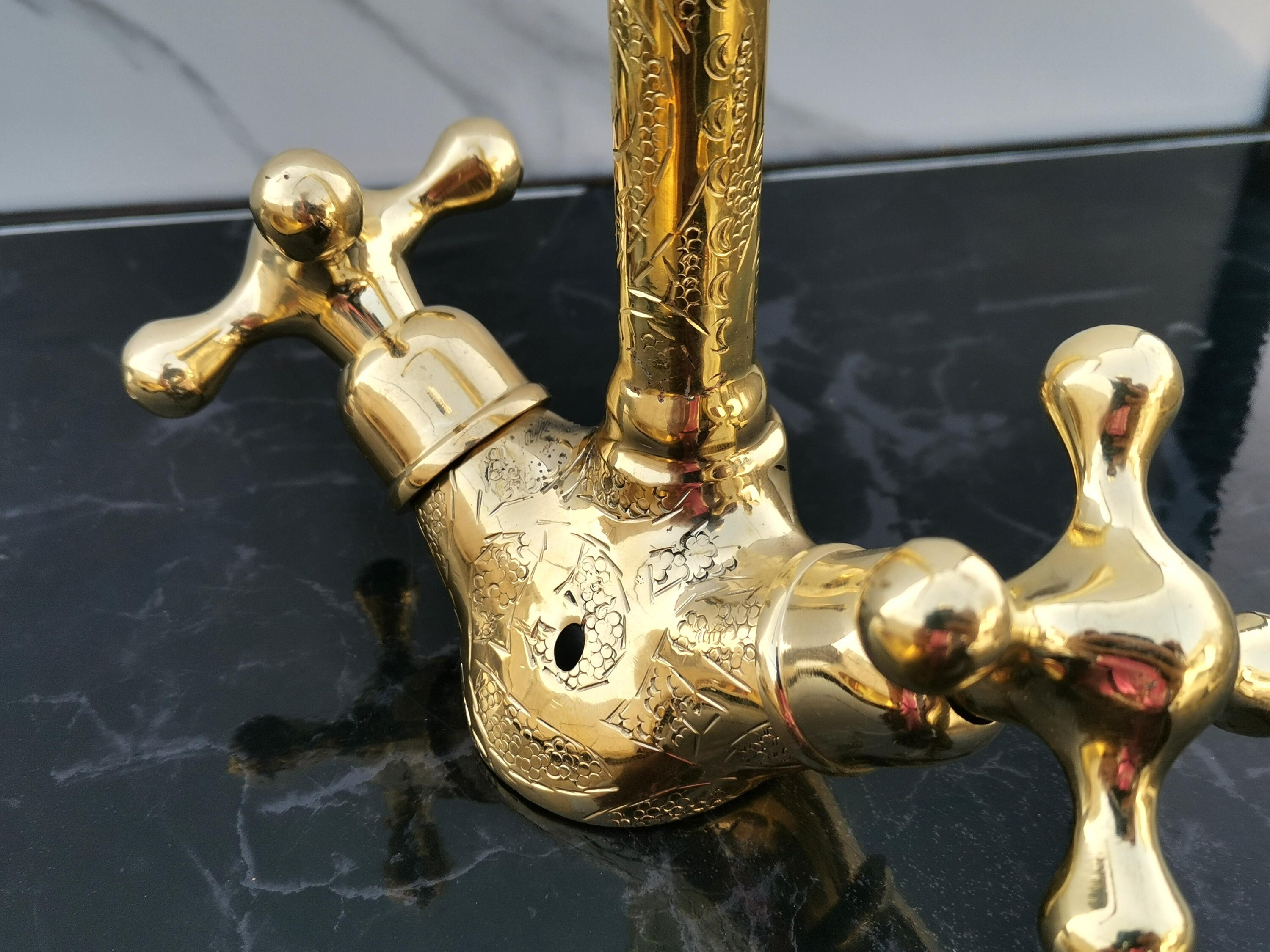 Single Hole Vanity Sink Faucet Unlacquered Brass Engraved Gooseneck ...