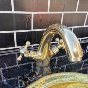 Handmade Unlacquered Brass Bathroom Faucet: Cross Handle Vanity Sink
