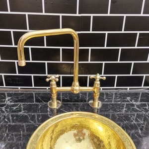 Brass Bridge Faucet Ball Center With Short Legs And Traditional Handles, Unlacquered brass kitchen Faucet 8&quot; Spread
