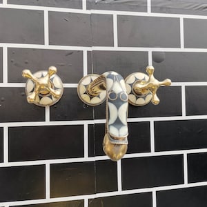 Hot & Cold Bathroom Gooseneck Wall Faucet With Traditional Handles | Handmade Wall Mounted Brass And Resin Faucet