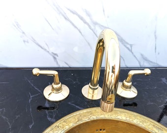 Custom Three Holes Brass Faucet | Widespread Bathroom Faucet Sink With Drain, Unlacquered Brass Vanity Faucet