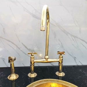Unlacquered Solid Brass Bridge Kitchen Faucet with Cross Handles & Side Sprayer