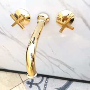 Brass Wall Mount Faucet Bathroom, Unlacquered Brass Wall Mounted Bath Taps With Flat Cross Handles