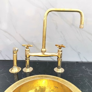 Unlacquered Solid Brass Bridge Kitchen Faucet with Cross Handles