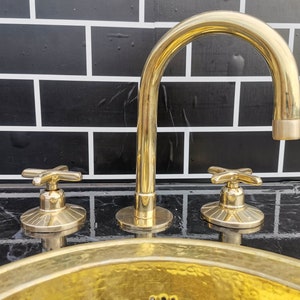 Unlacquered Brass 3 Holes Bathroom & Kitchen Faucet, Widespread Gooseneck Faucet With Flat Cross Handles