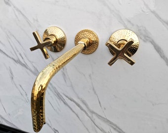 Hammered Brass Wall Mounted Bathroom Faucet with Cross Handles
