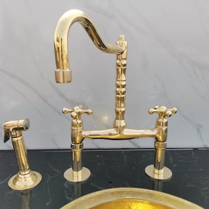 Unlacquered Brass Kitchen Bridge Faucet With Linear Legs And Simple Cross Handles