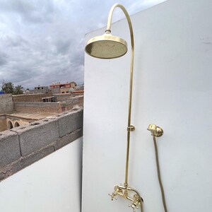 Handmade Unlacquered Brass Outdoor Shower System: Round Head & Handheld