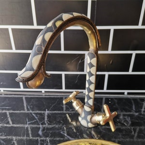 Brass Gooseneck Bathroom Faucet: Bone & Resin Inlay, Cross Handles