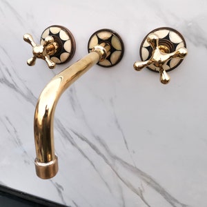 Wall Mounted Bathroom Vanity Faucet, Unlacquered Brass Wall Mount Resin Bones Conception Plate Bathroom Faucets With Simple Cross Handles