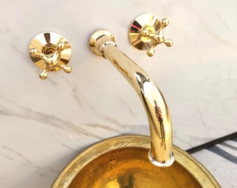 Unlacquered Brass Wall Mounted Bathroom Vessel Sink Faucet With Simple Cross Handles