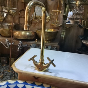 Unlacquered Brass Bathroom Vanity Faucet: Gooseneck Solid Brass with Cross Handles