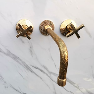 Unlacquered Brass Wall Mounted Faucet For Bathroom, Engraved Bathroom Faucets With Flat Cross Handles