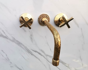 Unlacquered Brass Wall Mounted Faucet For Bathroom, Engraved Bathroom Faucets With Flat Cross Handles