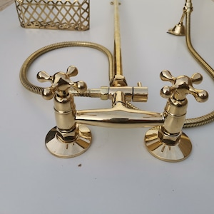 Unlacquered Brass Shower System: Handheld & Round Head, Cross Handles