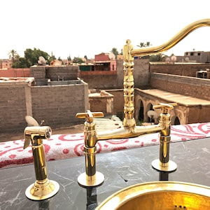Unlacquered Brass Bridge Kitchen Faucet: Moroccan Handmade Fixture