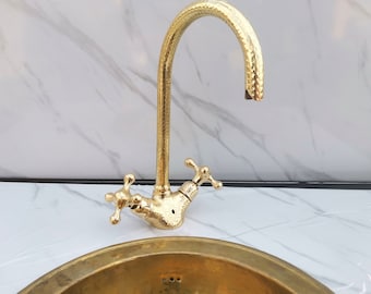 Handcrafted Hammered Brass Bathroom Faucet: Antique Moroccan Gooseneck