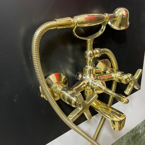 Unlacquered Brass Bathroom Vanity Bathtub Filler Faucet With Telephone Handheld Shower