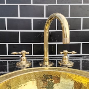 Unlacquered Brass Bathroom Faucet: Widespread Sink with Lever Handles