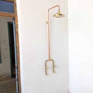 Unlacquered Brass Vintage Shower System | Solid Brass Rain Shower Head | Antique Brass Outdoor and Indoor Shower Faucet