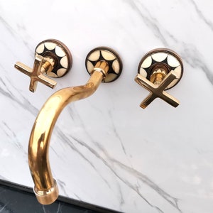 Unlacquered Brass Wall Mounted Faucet For Bathroom, Wall Mount Resin Bones Conception, Bathroom Faucet With Flat Cross Handles