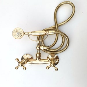Unlacquered Brass Shower System: Handheld Combo Set with Cross Handles